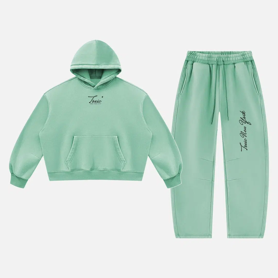 Toxic NYC Script Vintage Wash Hoodie & Barrel Leg Sweatpants Set Mint Green Toxic NYC Script Vintage Wash Hoodie & Barrel Leg Sweatpants Set in Mint Green, hoodie and sweatpants flat lay