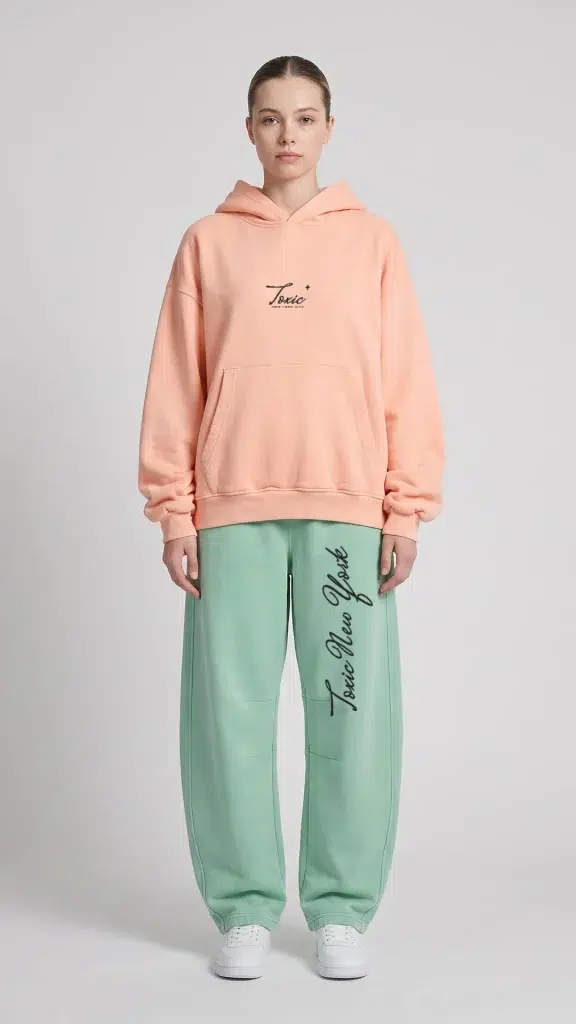 Woman wearing the Toxic NYC Script Vintage Wash Boxy Fleece Hoodie and the matching Script Vintage Wash Barrel Leg Sweatpants