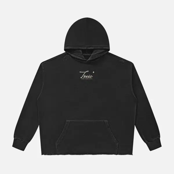 Toxic NYC Script Vintage Wash Raw Edge Hoodie in Black, front view