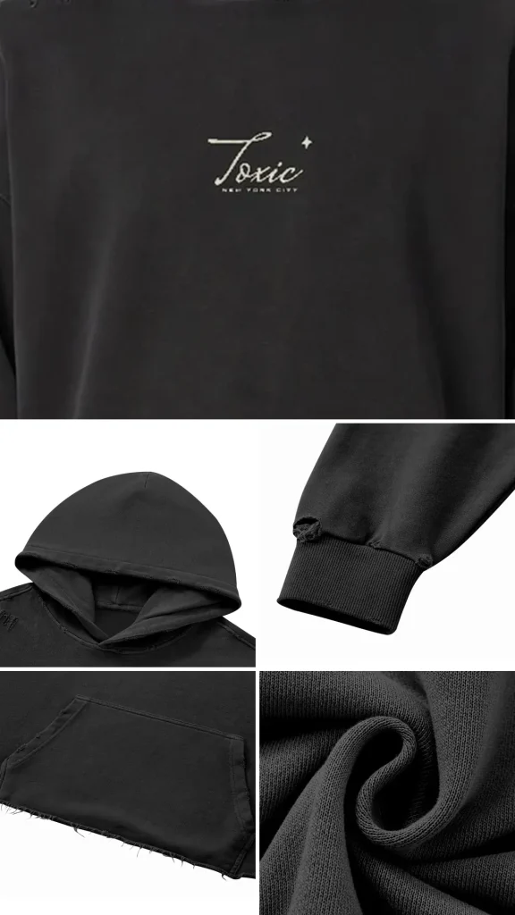 Toxic NYC Script Vintage Wash Raw Edge Hoodie details: exact print close-up, fabric and stitching