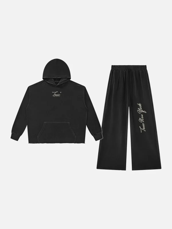 Toxic NYC Script Vintage Wash Raw Edge Hoodie & Sweatpants Set - front