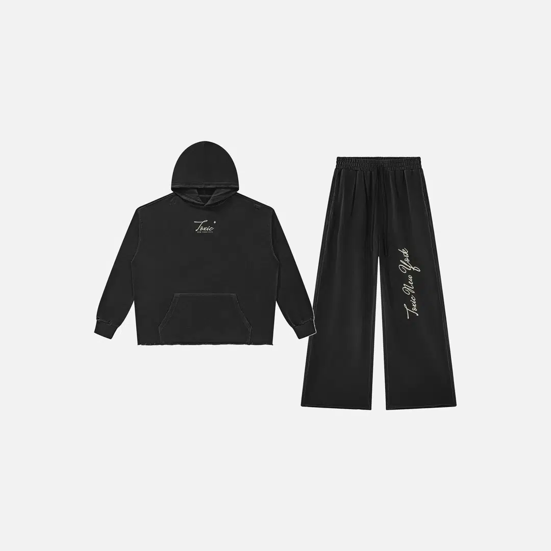 Toxic NYC Script Vintage Wash Raw Edge Hoodie & Sweatpants Set Toxic NYC Script Vintage Wash Raw Edge Hoodie & Sweatpants Set - front
