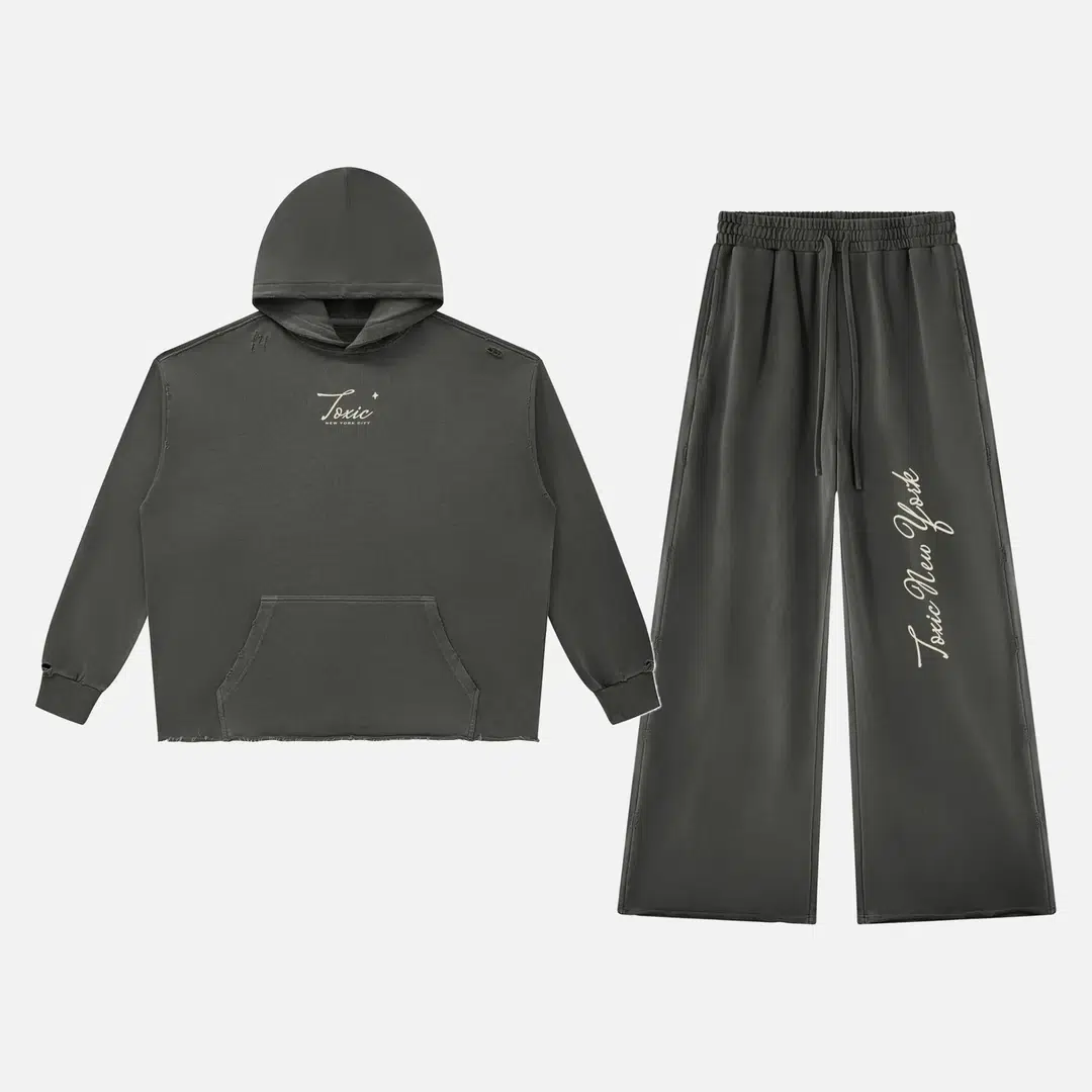 Toxic NYC Script Vintage Wash Raw Edge Hoodie & Sweatpants Set Dark Gray Toxic NYC Script Vintage Wash Raw Edge Hoodie & Sweatpants Set in Dark Gray, hoodie and sweatpants flat lay