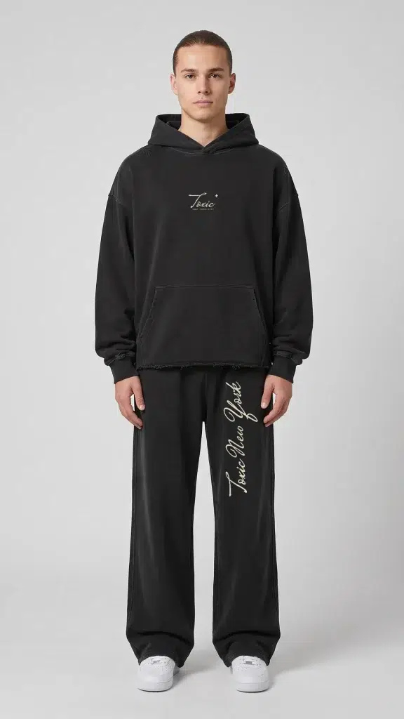 Man wearing the Toxic NYC Script Vintage Wash Raw Edge Hoodie and the matching Script Vintage Wash Raw Edge Sweatpants