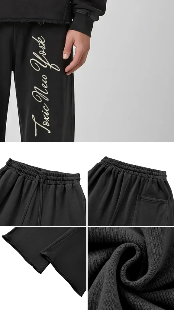 Toxic NYC Script Vintage Wash Raw Edge Sweatpants details: exact print close-up, fabric and stitching
