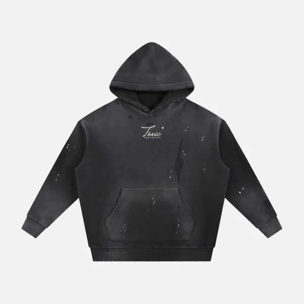 Toxic NYC Script Vintage Washed Frayed Hoodie in Black, front view