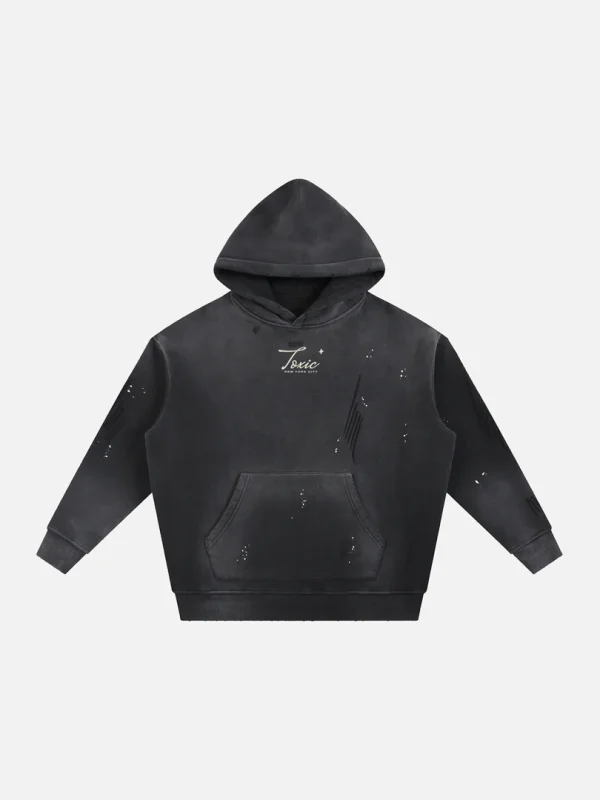Toxic NYC Script Vintage Washed Frayed Hoodie - front