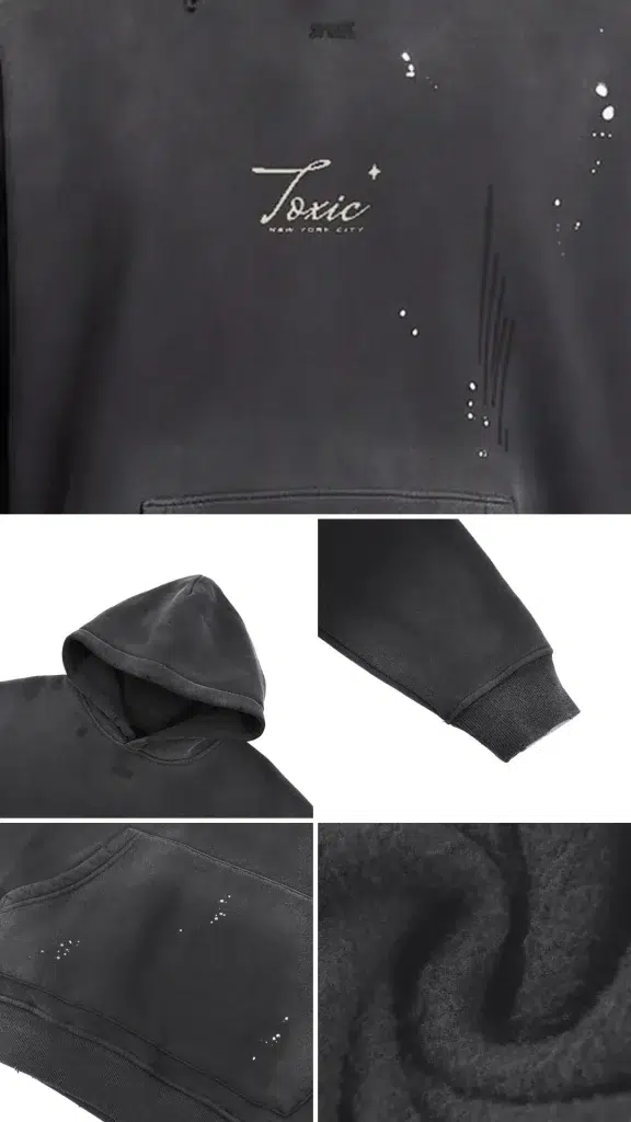 Toxic NYC Script Vintage Washed Frayed Hoodie details: exact print close-up, fabric and stitching