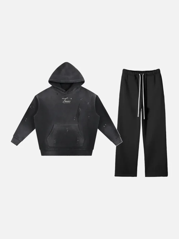 Toxic NYC Script Vintage Washed Frayed Hoodie & Straight Leg Pants Set - front