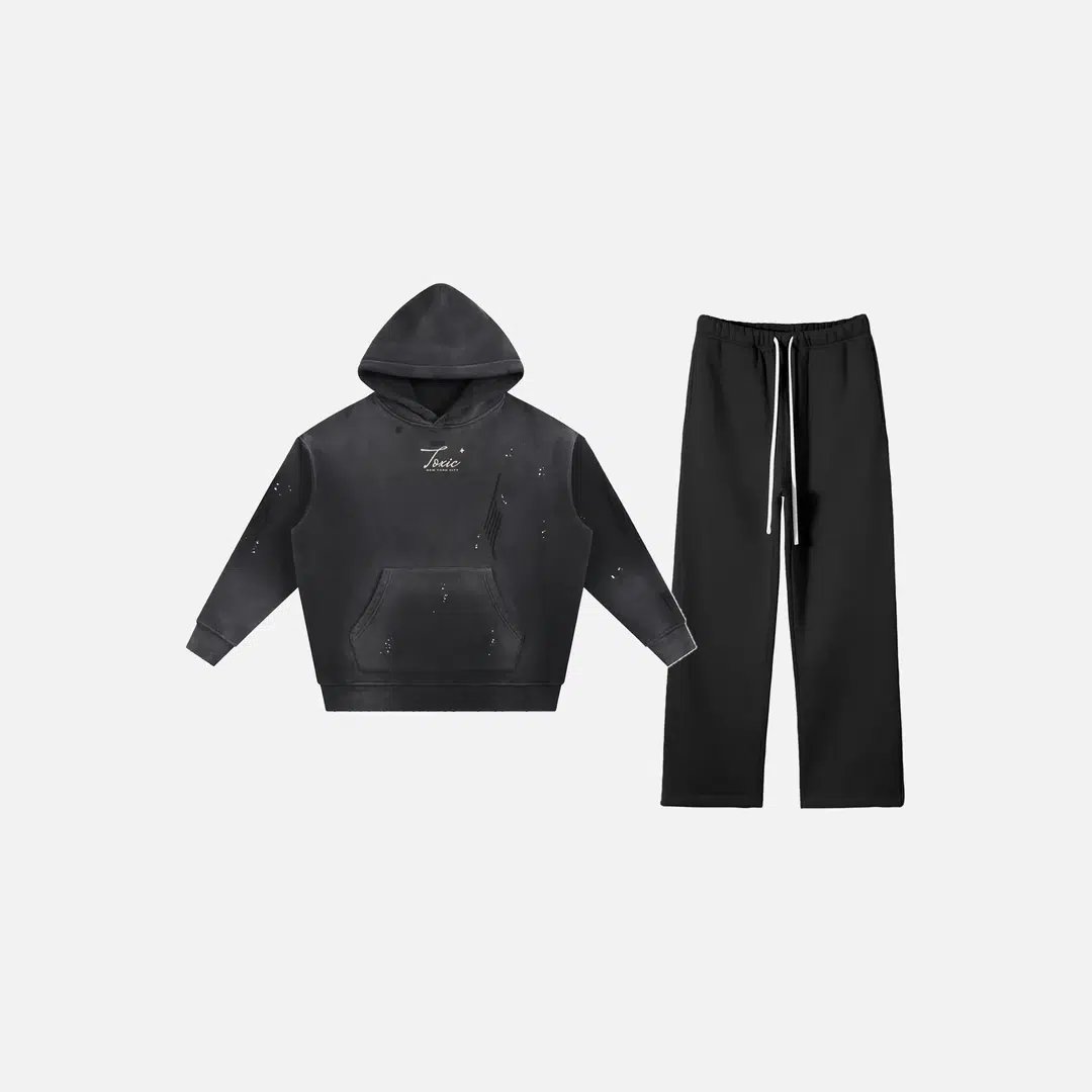 Toxic NYC Script Vintage Washed Frayed Hoodie & Straight Leg Pants Set Toxic NYC Script Vintage Washed Frayed Hoodie & Straight Leg Pants Set - front