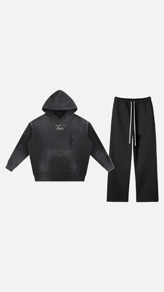 Toxic NYC Script Vintage Washed Frayed Hoodie & Straight Leg Pants Set flat lay, black