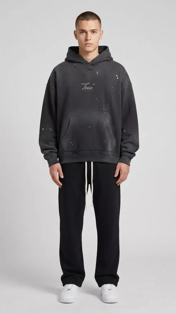 Man wearing the Toxic NYC Script Vintage Washed Frayed Hoodie and the matching Fleece Straight Leg Pants