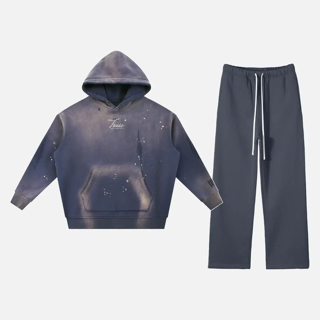 Toxic NYC Script Vintage Washed Frayed Hoodie & Straight Leg Pants Set Navy Blue Toxic NYC Script Vintage Washed Frayed Hoodie & Straight Leg Pants Set in Navy Blue, hoodie and pants flat lay