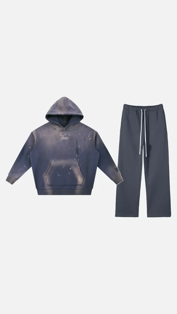 Toxic NYC Script Vintage Washed Frayed Hoodie & Straight Leg Pants Set flat lay, navy blue