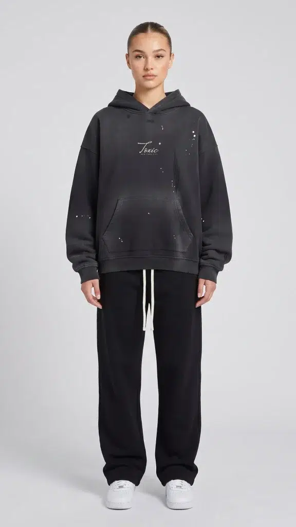Woman wearing the Toxic NYC Script Vintage Washed Frayed Hoodie and the matching Fleece Straight Leg Pants