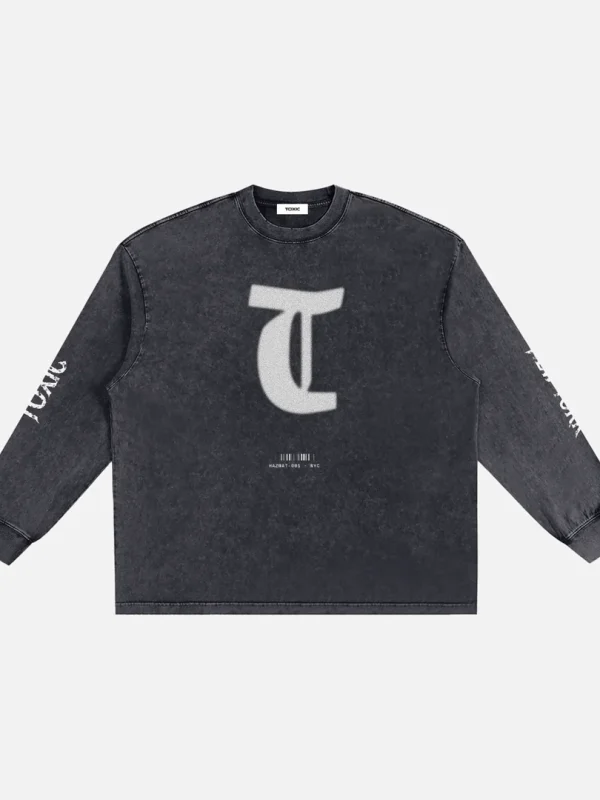Toxic NYC Static Snow Washed Long Sleeve T-Shirt in washed black, front