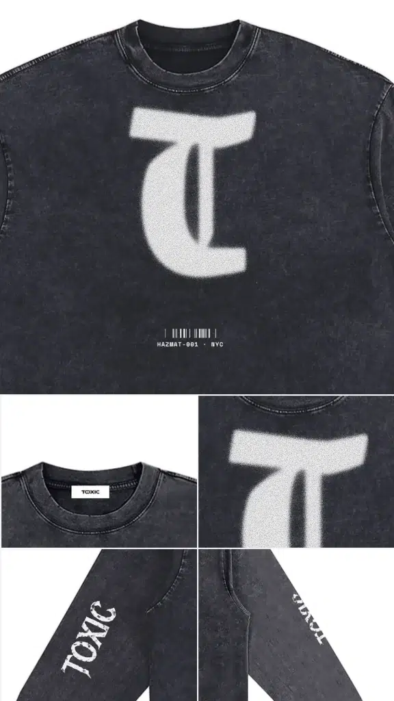 Print, sleeve print and TOXIC neck label details of the Toxic NYC Static Snow Washed Long Sleeve T-Shirt