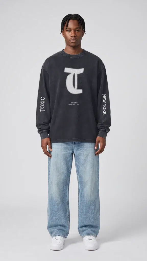Man wearing the Toxic NYC Static Snow Washed Long Sleeve T-Shirt with baggy jeans