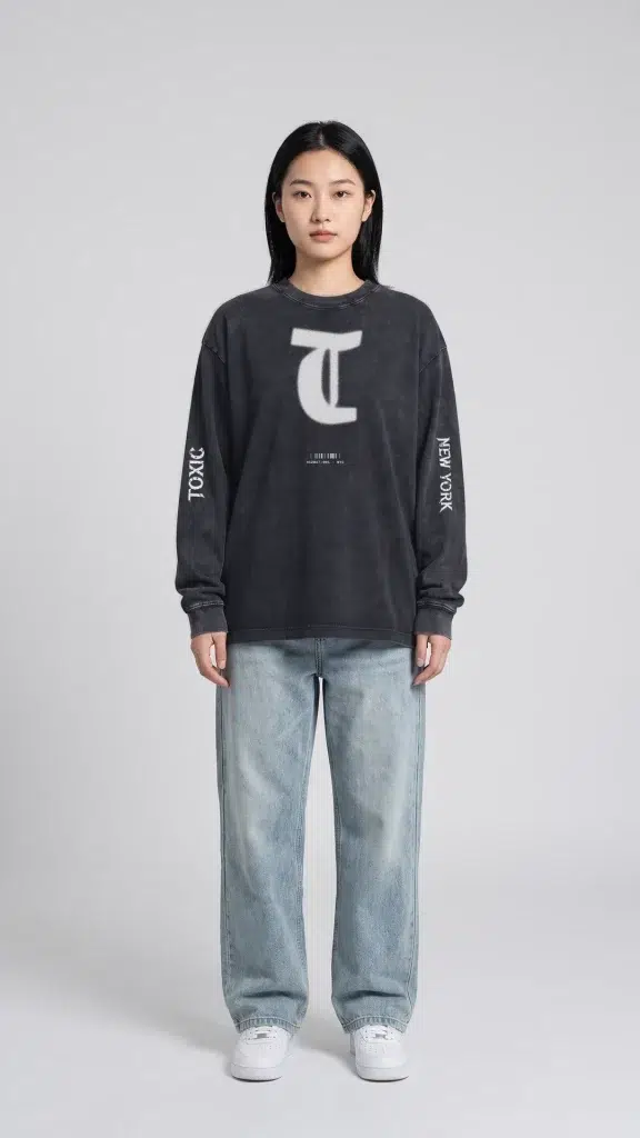 Woman wearing the Toxic NYC Static Snow Washed Long Sleeve T-Shirt with baggy jeans