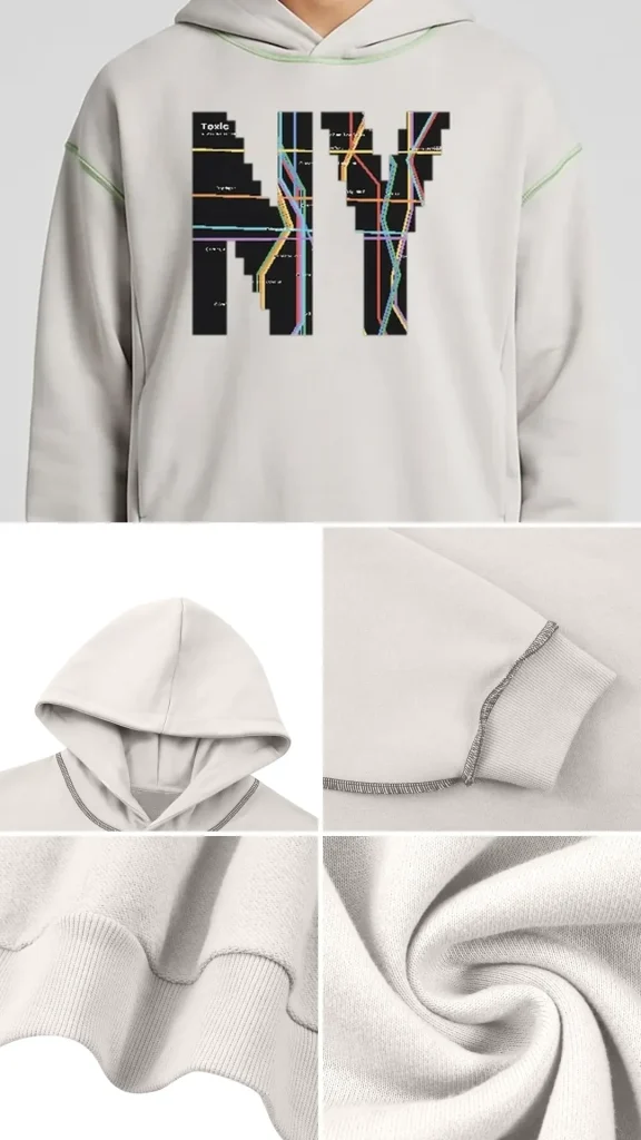 Toxic NYC Subway Map Boxy Heavyweight Topstitch Hoodie details: exact print close-up, fabric and stitching