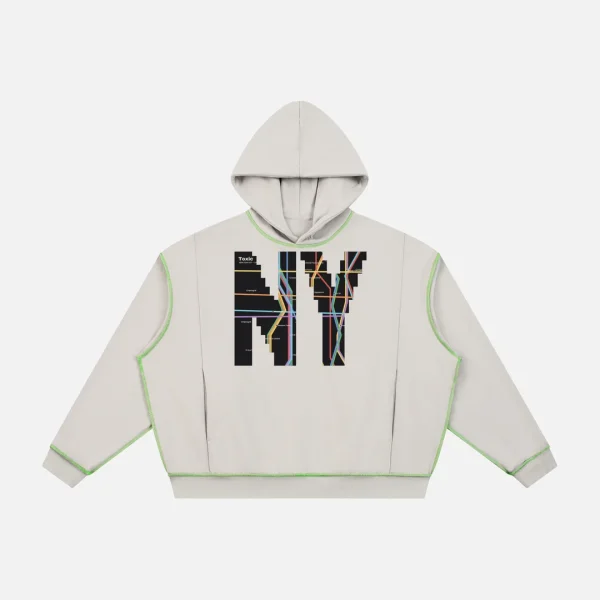 Toxic NYC Subway Map Boxy Heavyweight Topstitch Hoodie in Light Gray, front view