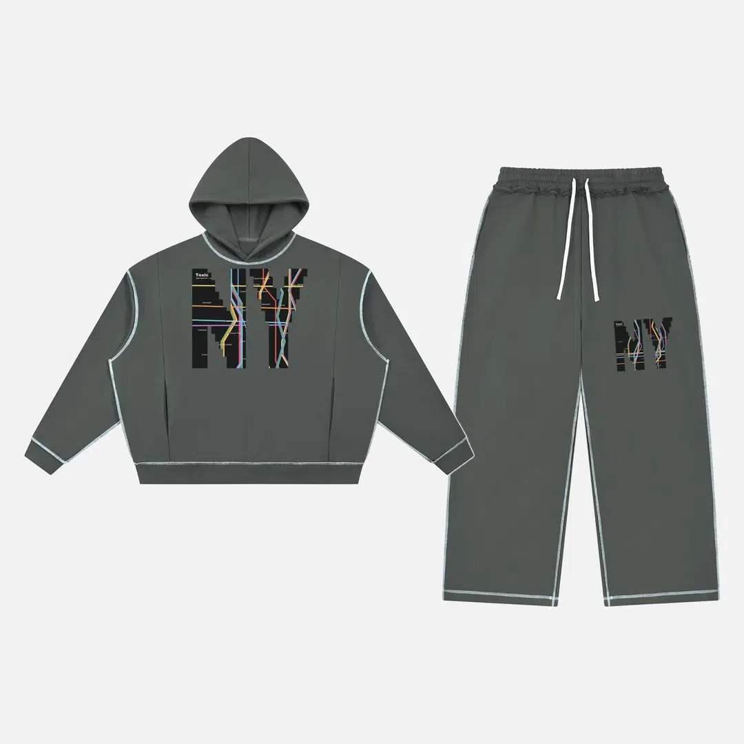 Toxic NYC Subway Map Topstitch Hoodie & Sweatpants Set Dark Gray Toxic NYC Subway Map Topstitch Hoodie & Sweatpants Set in Dark Gray, hoodie and sweatpants flat lay