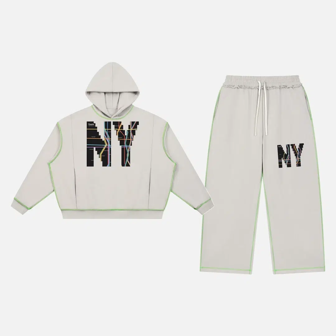Toxic NYC Subway Map Topstitch Hoodie & Sweatpants Set Light Gray Toxic NYC Subway Map Topstitch Hoodie & Sweatpants Set in Light Gray, hoodie and sweatpants flat lay