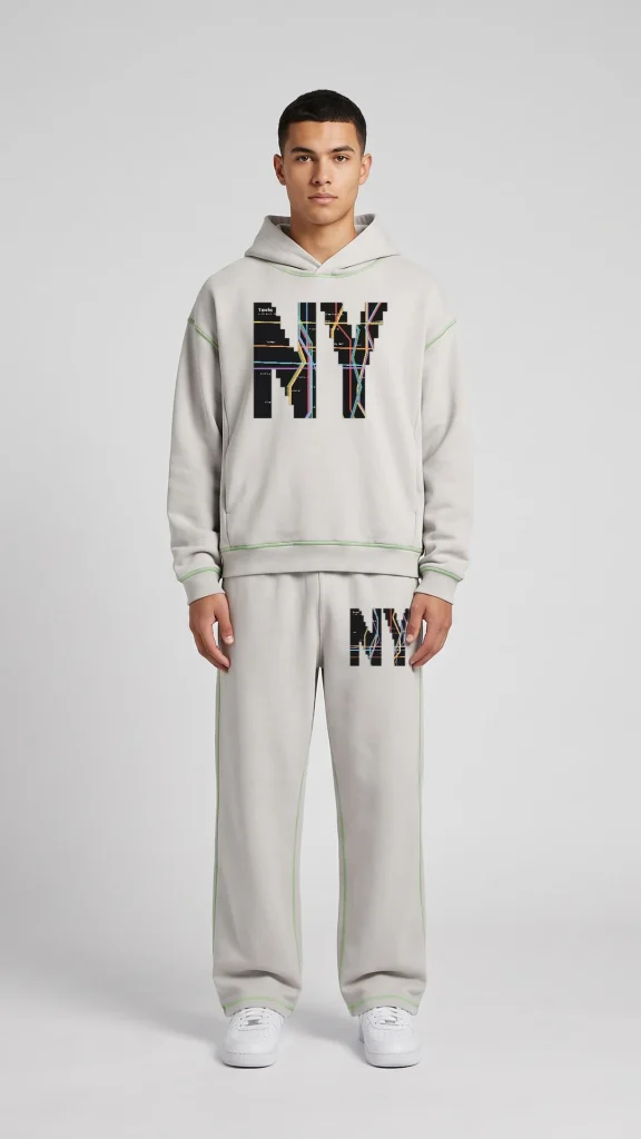 Man wearing the Toxic NYC Subway Map Boxy Heavyweight Topstitch Hoodie and the matching Subway Map Raw Edge Topstitch Sweatpants