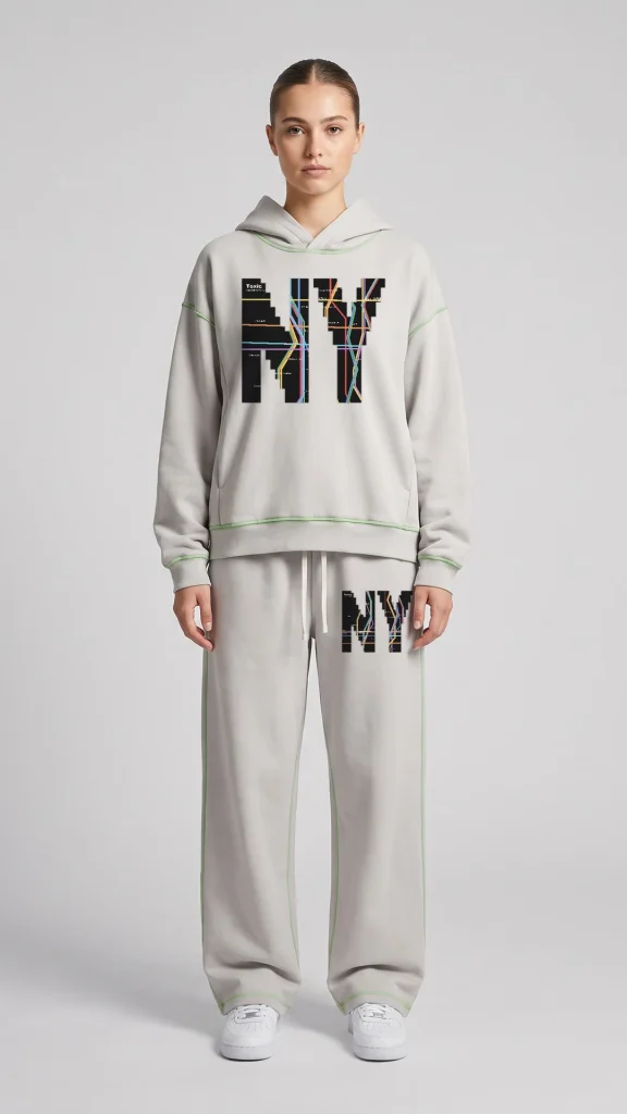 Woman wearing the Toxic NYC Subway Map Boxy Heavyweight Topstitch Hoodie as a matching set