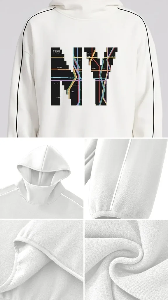 Toxic NYC Subway Map Boxy Piping Fleece Hoodie details: exact print close-up, fabric and stitching