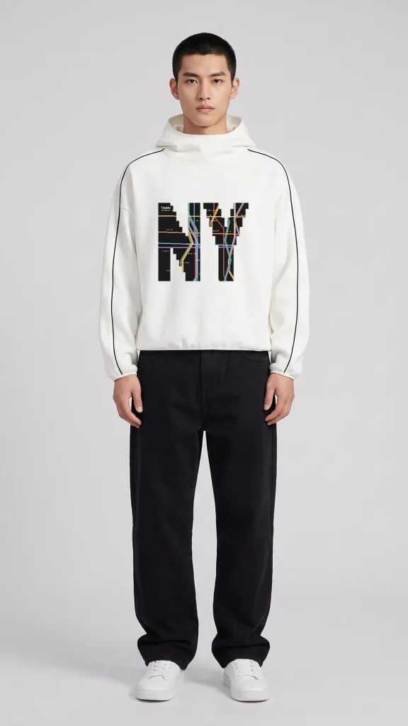 Man wearing the Toxic NYC Subway Map Boxy Piping Fleece Hoodie