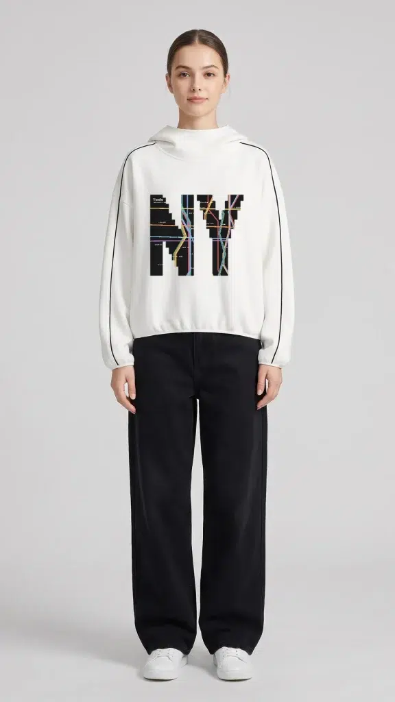 Woman wearing the Toxic NYC Subway Map Boxy Piping Fleece Hoodie