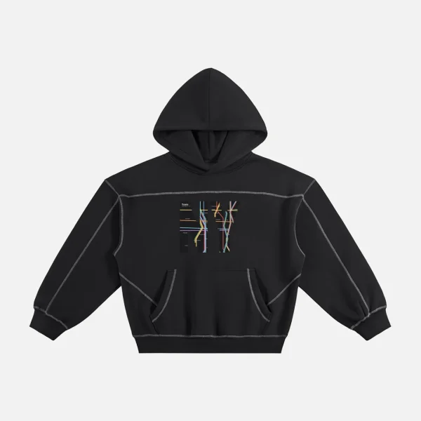 Toxic NYC Subway Map Contrast Stitched Boxy Hoodie in Black, front view