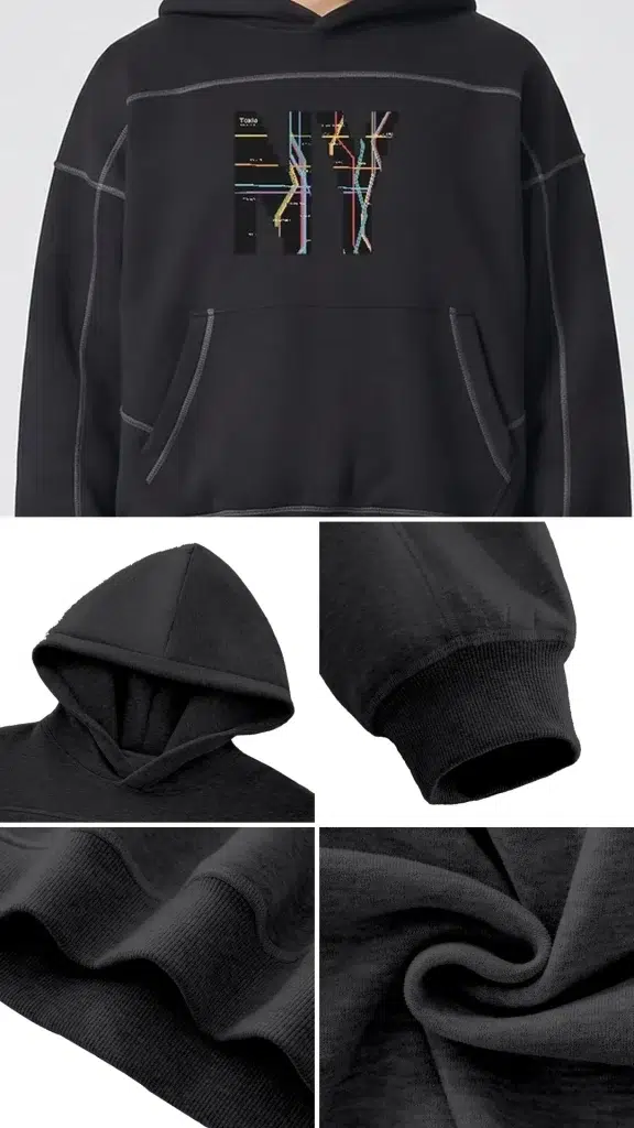 Toxic NYC Subway Map Contrast Stitched Boxy Hoodie details: exact print close-up, fabric and stitching