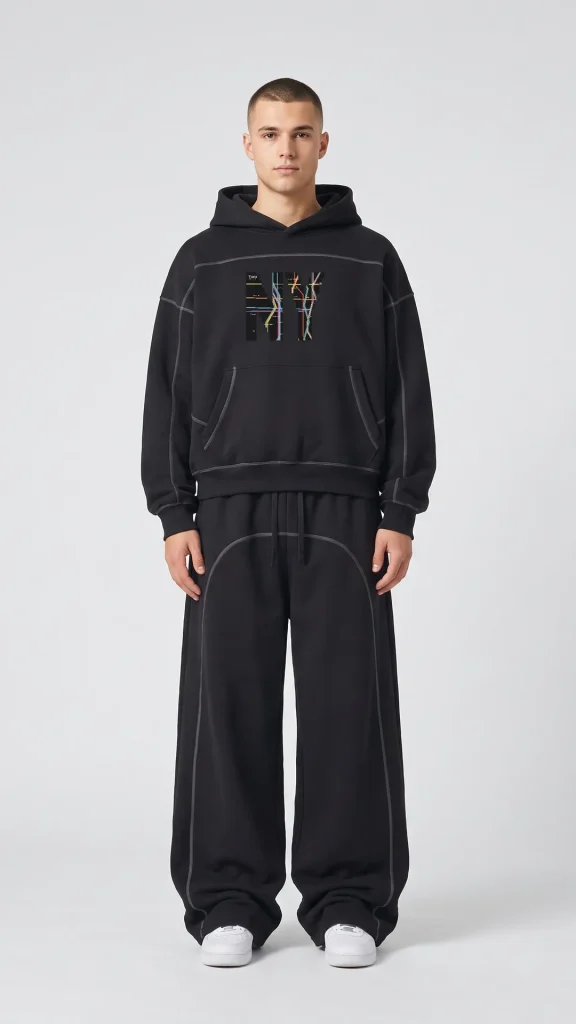 Man wearing the Toxic NYC Subway Map Contrast Stitched Boxy Hoodie and the matching Contrast Stitched Fleece Sweatpants