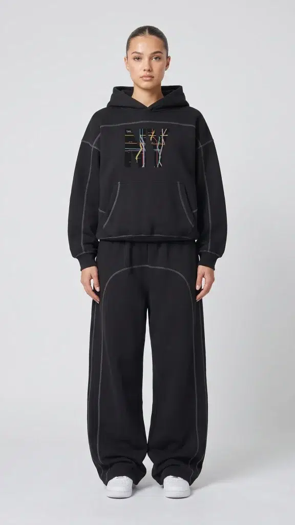 Woman wearing the Toxic NYC Subway Map Contrast Stitched Boxy Hoodie and the matching Contrast Stitched Fleece Sweatpants