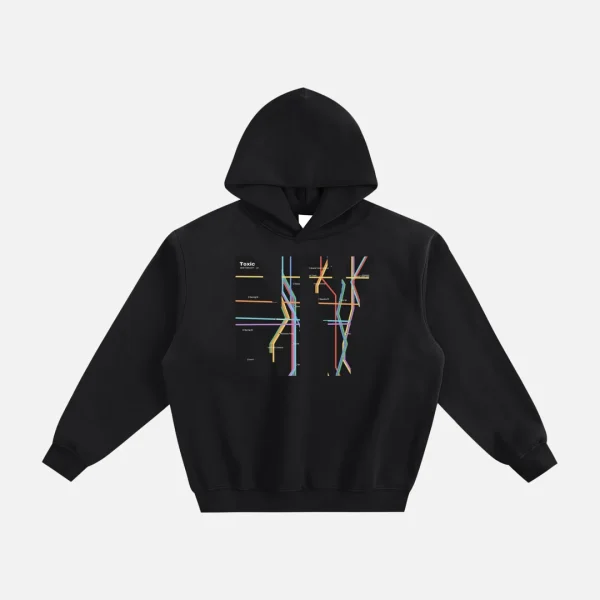 Toxic NYC Subway Map Fleeced Boxy Hoodie in Black, front view