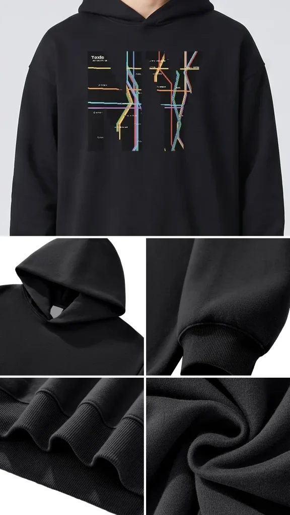 Toxic NYC Subway Map Fleeced Boxy Hoodie details: exact print close-up, fabric and stitching