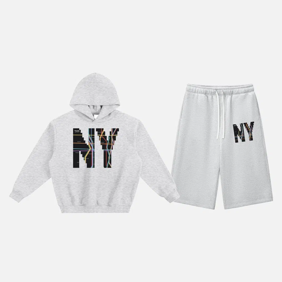 Toxic NYC Subway Map Fleeced Hoodie & Three Quarter Sweatpants Set Flower Gray Toxic NYC Subway Map Fleeced Hoodie & Three Quarter Sweatpants Set in Flower Gray, hoodie and sweatpants flat lay