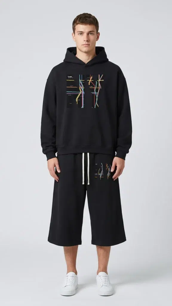 Man wearing the Toxic NYC Subway Map Fleeced Boxy Hoodie and the matching Subway Map Three Quarter Sweatpants