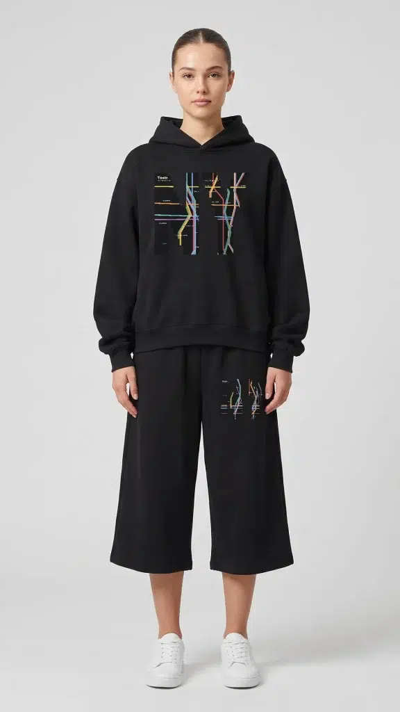 Woman wearing the Toxic NYC Subway Map Fleeced Boxy Hoodie and the matching Subway Map Three Quarter Sweatpants