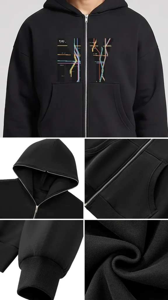 Toxic NYC Subway Map Full Zip Boxy Hoodie details: exact print close-up, fabric and stitching