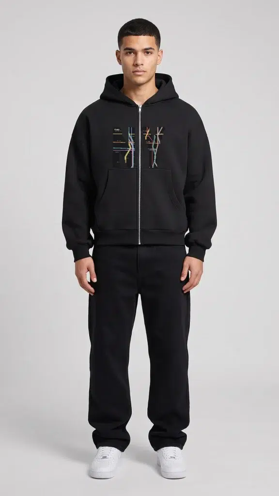 Man wearing the Toxic NYC Subway Map Full Zip Boxy Hoodie