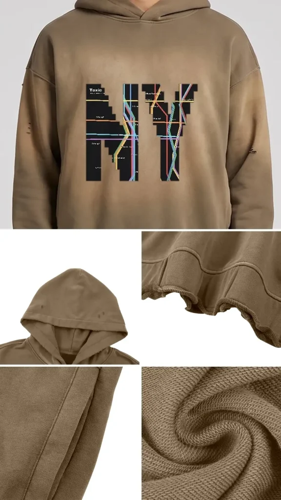 Toxic NYC Subway Map Sunfade Ripped Boxy Hoodie details: exact print close-up, fabric and stitching