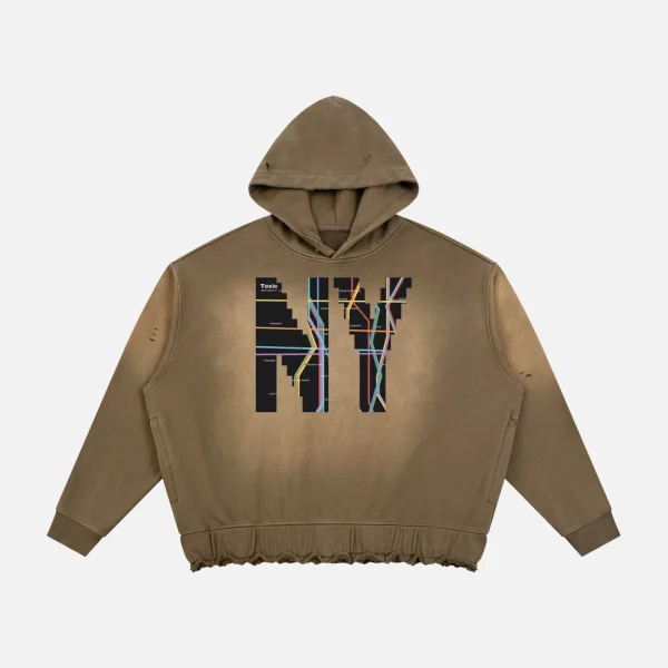 Toxic NYC Subway Map Sunfade Ripped Boxy Hoodie in Khaki Brown, front view