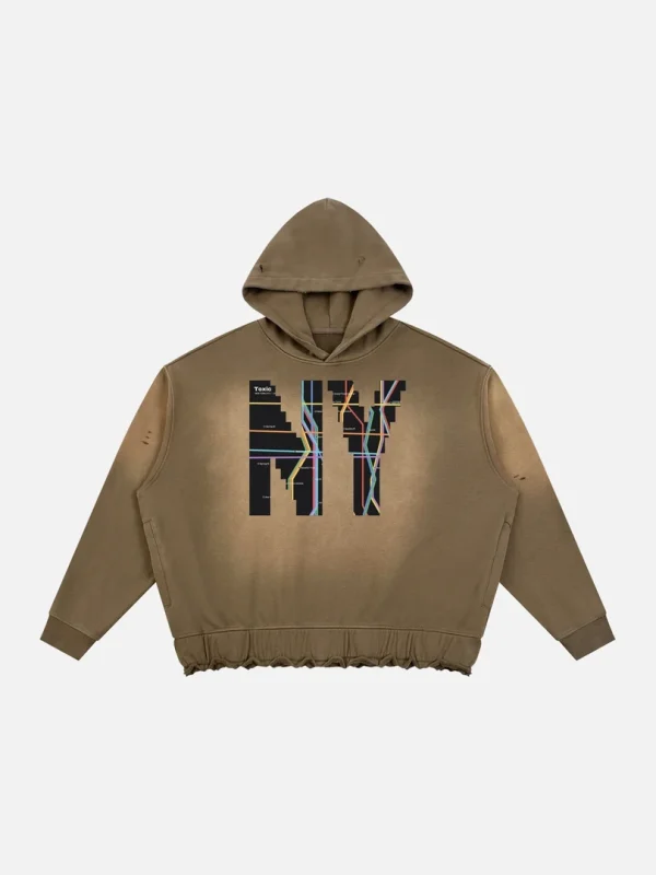 Toxic NYC Subway Map Sunfade Ripped Boxy Hoodie - front