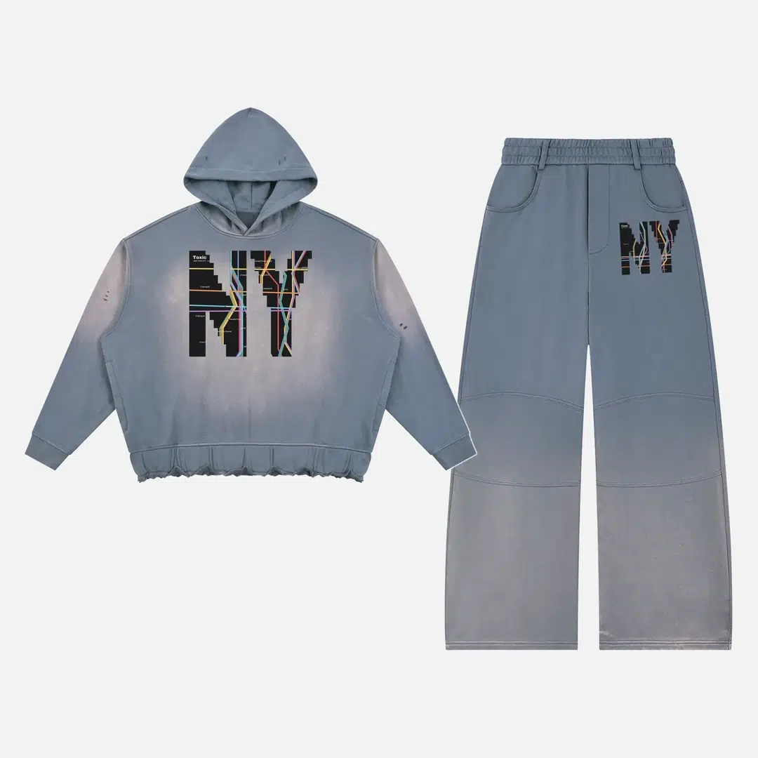 Toxic NYC Subway Map Sunfade Hoodie & Barrel Leg Sweatpants Set Gray Blue Toxic NYC Subway Map Sunfade Hoodie & Barrel Leg Sweatpants Set in Gray Blue, hoodie and sweatpants flat lay
