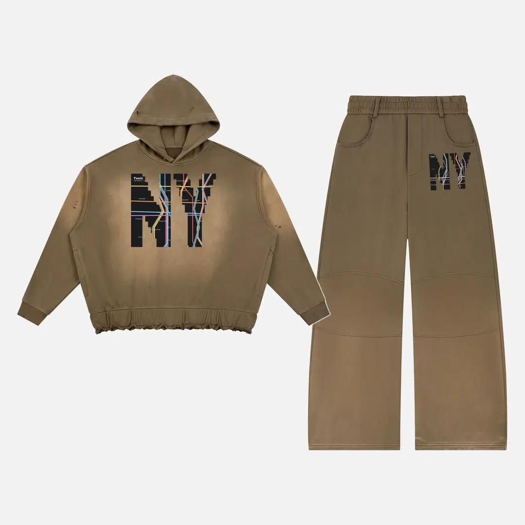 Toxic NYC Subway Map Sunfade Hoodie & Barrel Leg Sweatpants Set Khaki Brown Toxic NYC Subway Map Sunfade Hoodie & Barrel Leg Sweatpants Set in Khaki Brown, hoodie and sweatpants flat lay
