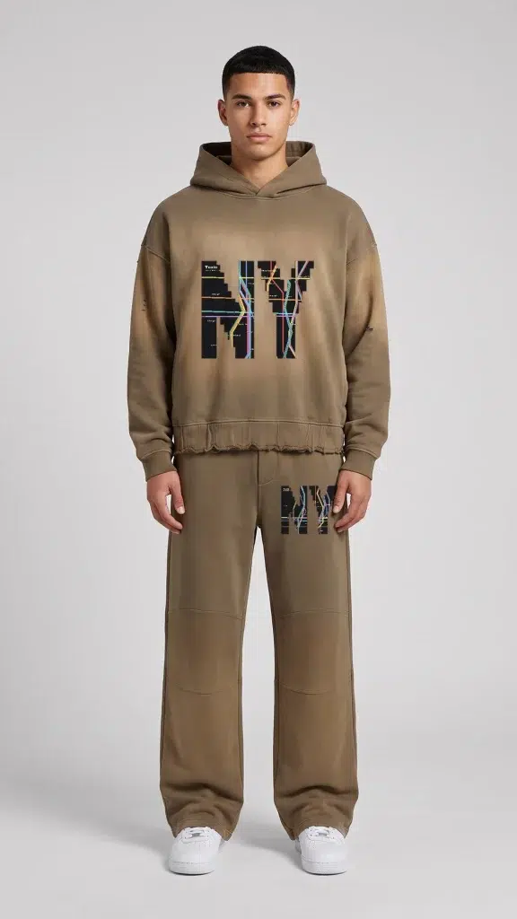 Man wearing the Toxic NYC Subway Map Sunfade Ripped Boxy Hoodie as a matching set