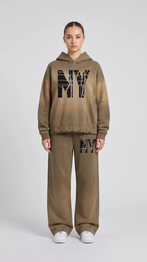 Woman wearing the Toxic NYC Subway Map Sunfade Ripped Boxy Hoodie as a matching set